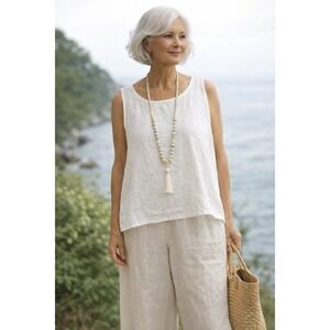 FLAX Linen Blouse Tank Womens L White Sleeveless Boxy Lagenlook Minimal Top